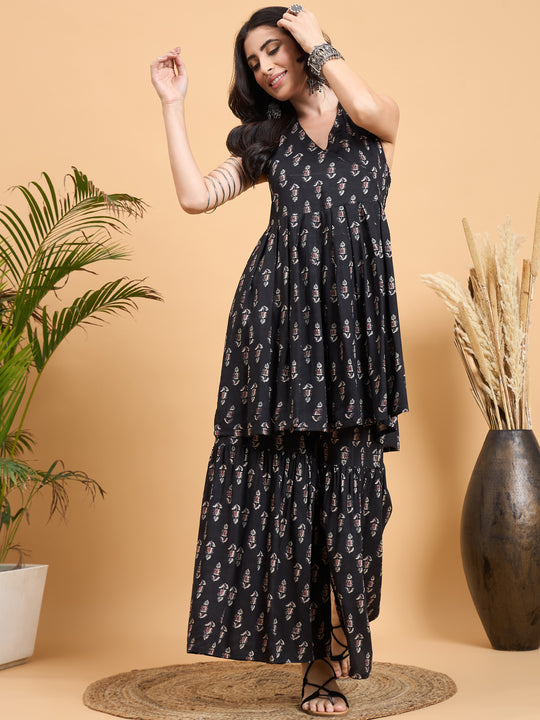 Black Booti Rapid Print Backless Kurta Sharara Set