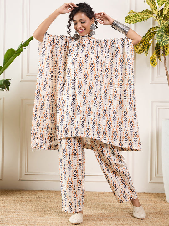 Offwhite Orange Black Ikkat Print Tie Neck Kaftan Boho Set