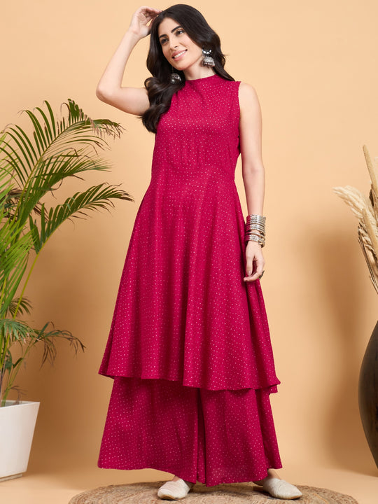 Rospbery Dot Print Halter Neck W/S Kurta Set