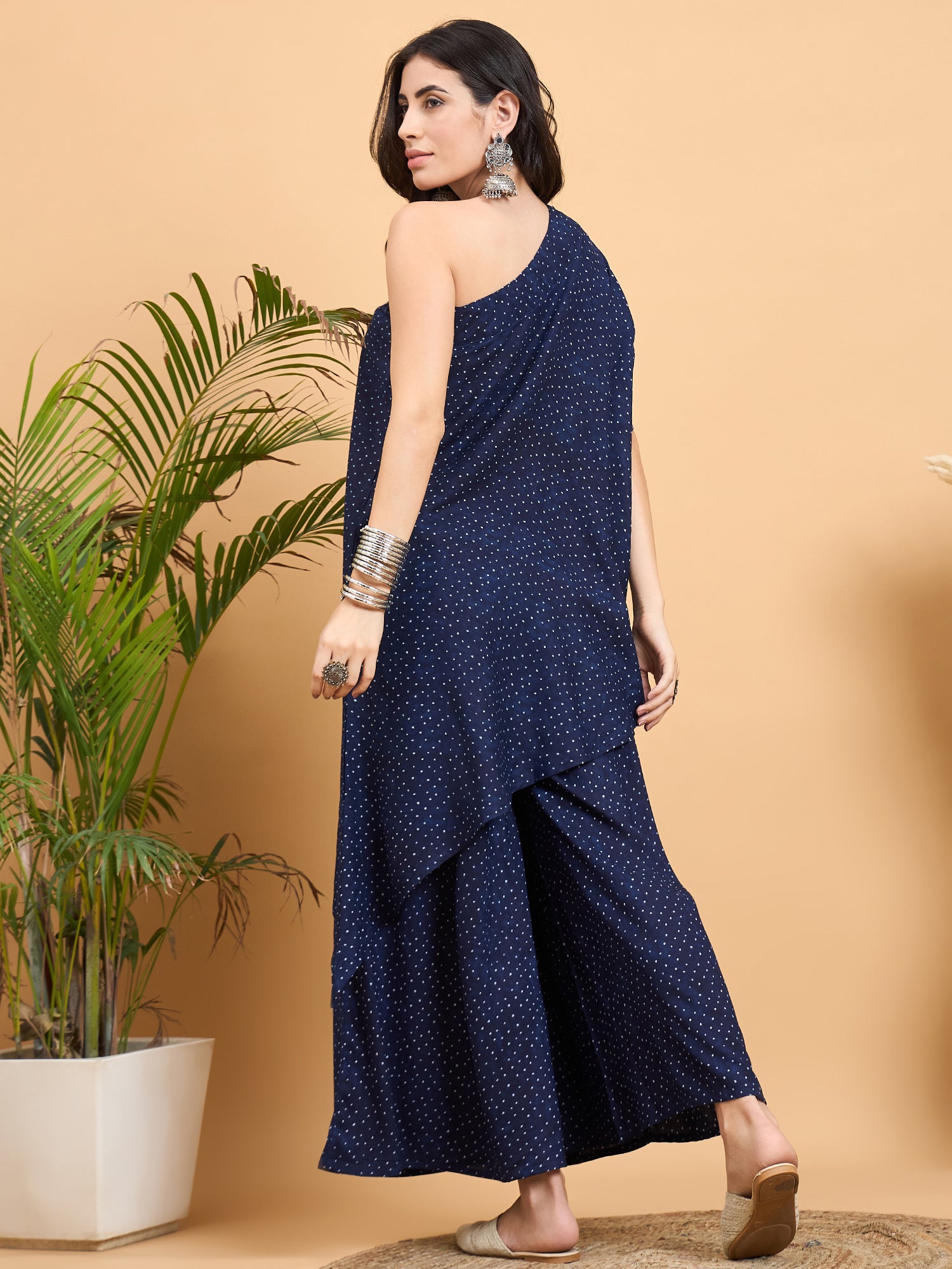 Navy Blue Dot Print One Shoulder Palazzo Set InWeave