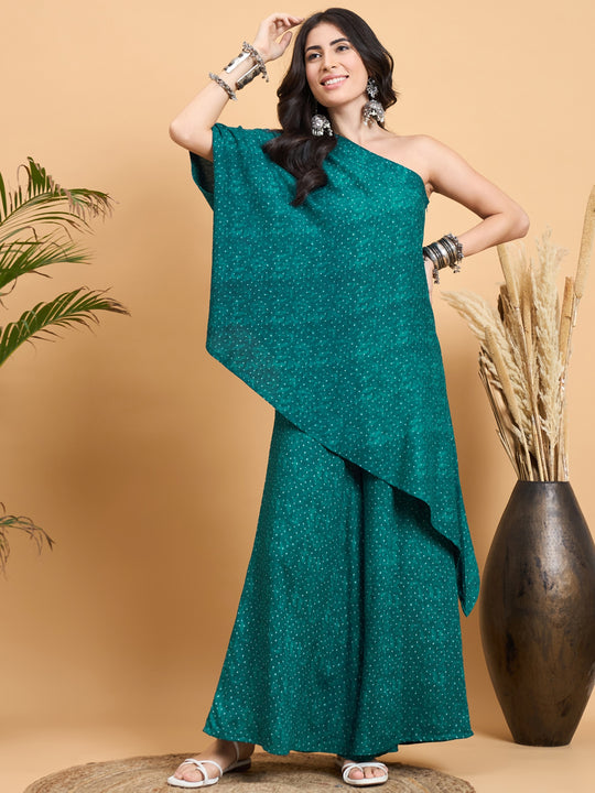 Teal Dot Print One Shoulder Palazzo Set