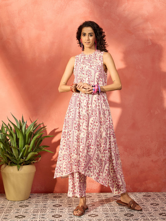 Rose Pink Ethnic Window Floral Halter Neck Kurta Set