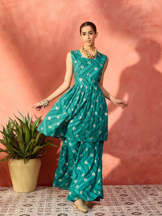 Dark Teal Foil Boota Round Neck W/S Sharara Set