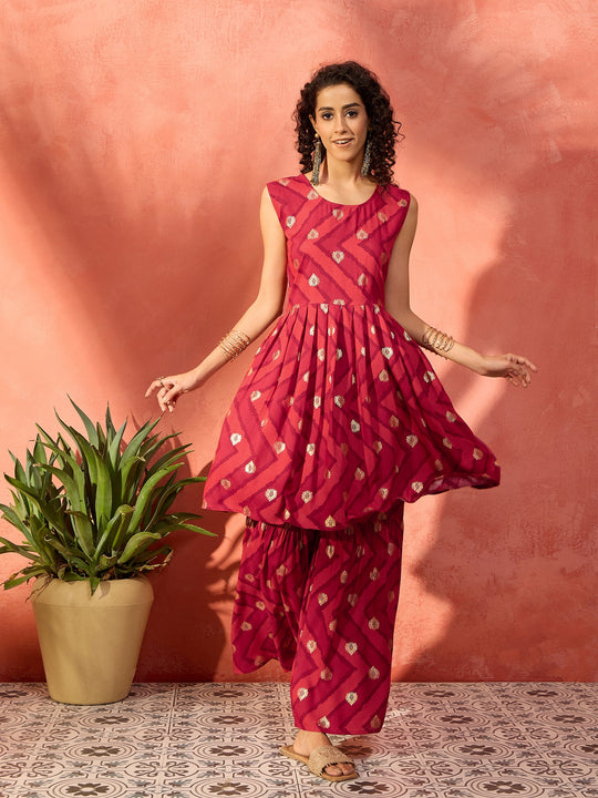 Maroon Burgundy Foil Boota Round Neck W/S Sharara Set
