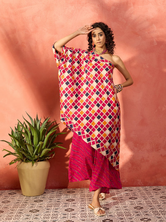 Fuchsia Multi Check Foil Oneshoulder Leh Palazzo Set