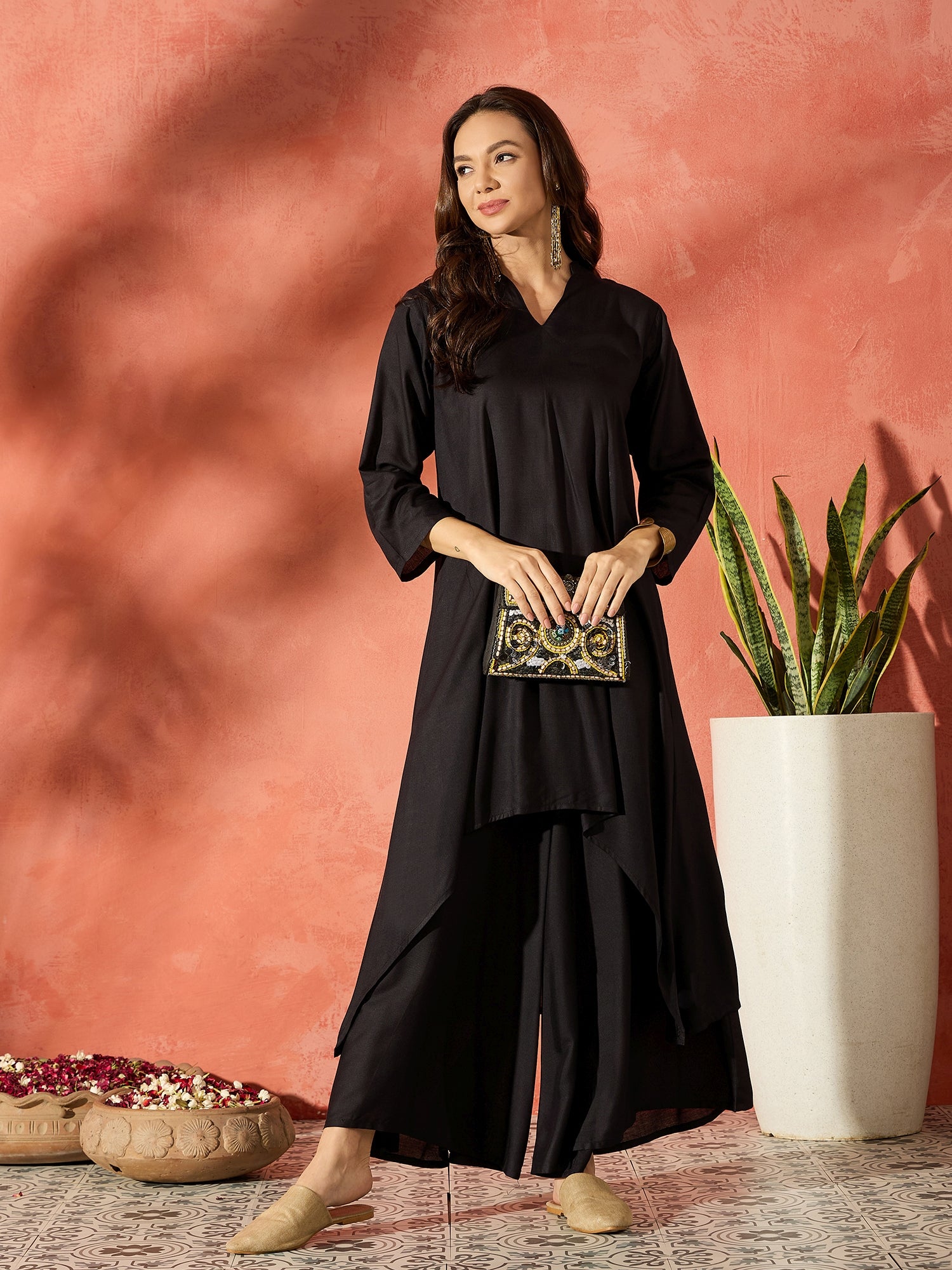 Black Manderian Neck High Low Kurta Set
