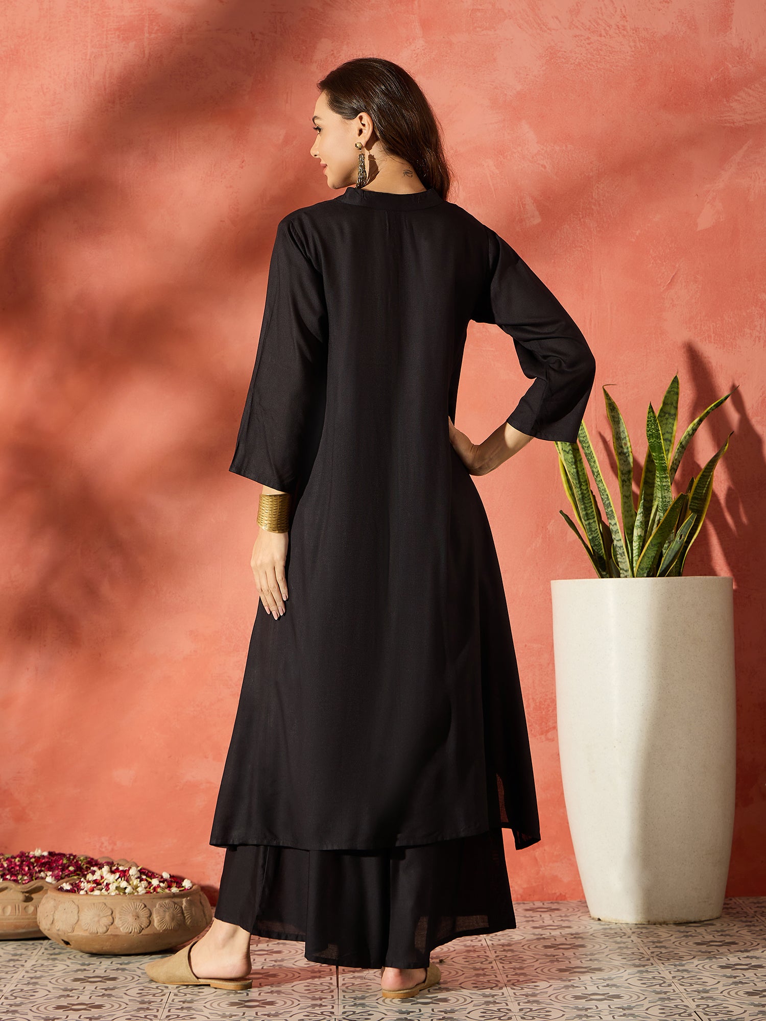 Black Manderian Neck High Low Kurta Set