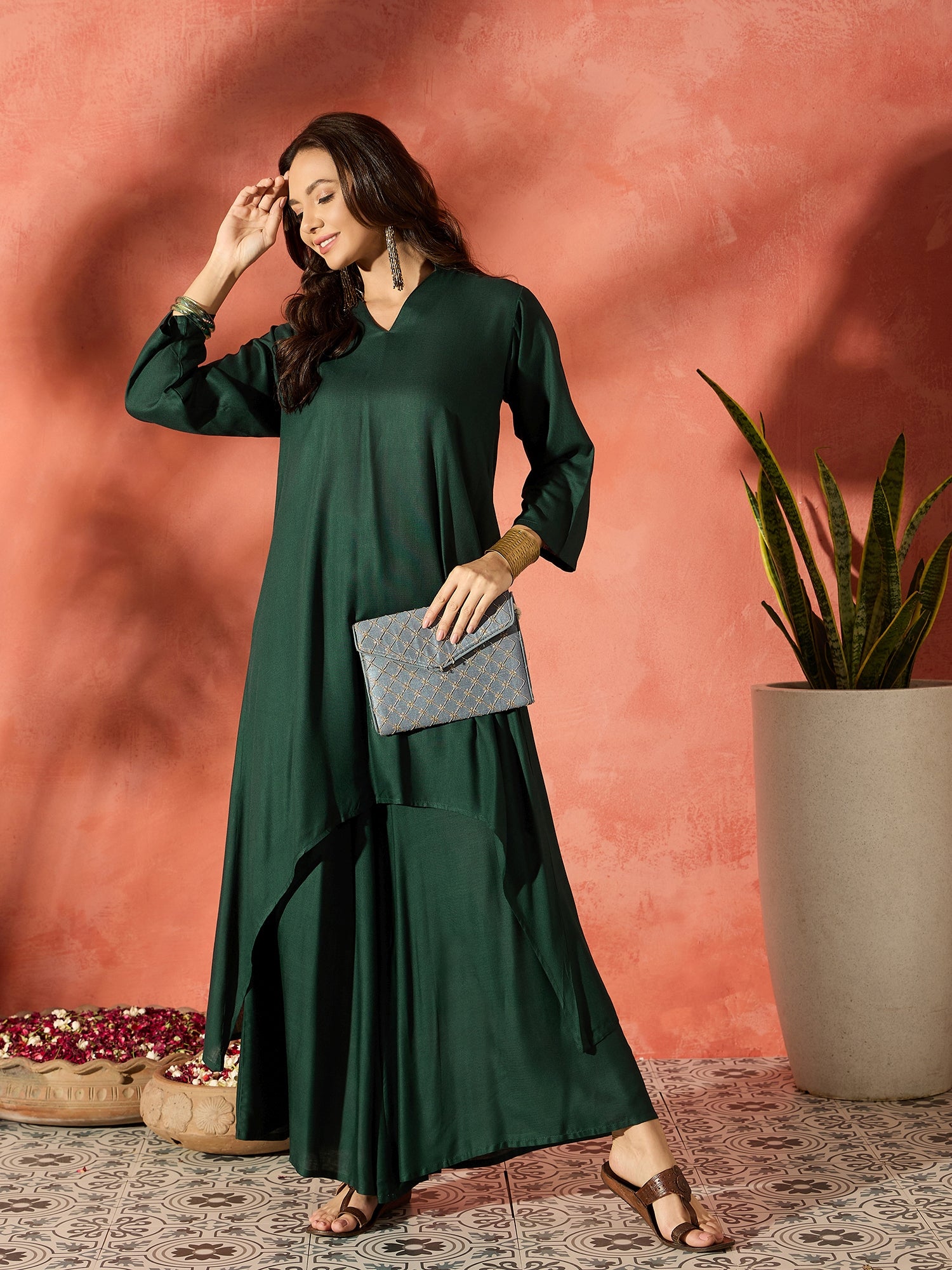 Dark Green Manderian Neck High Low Kurta Set
