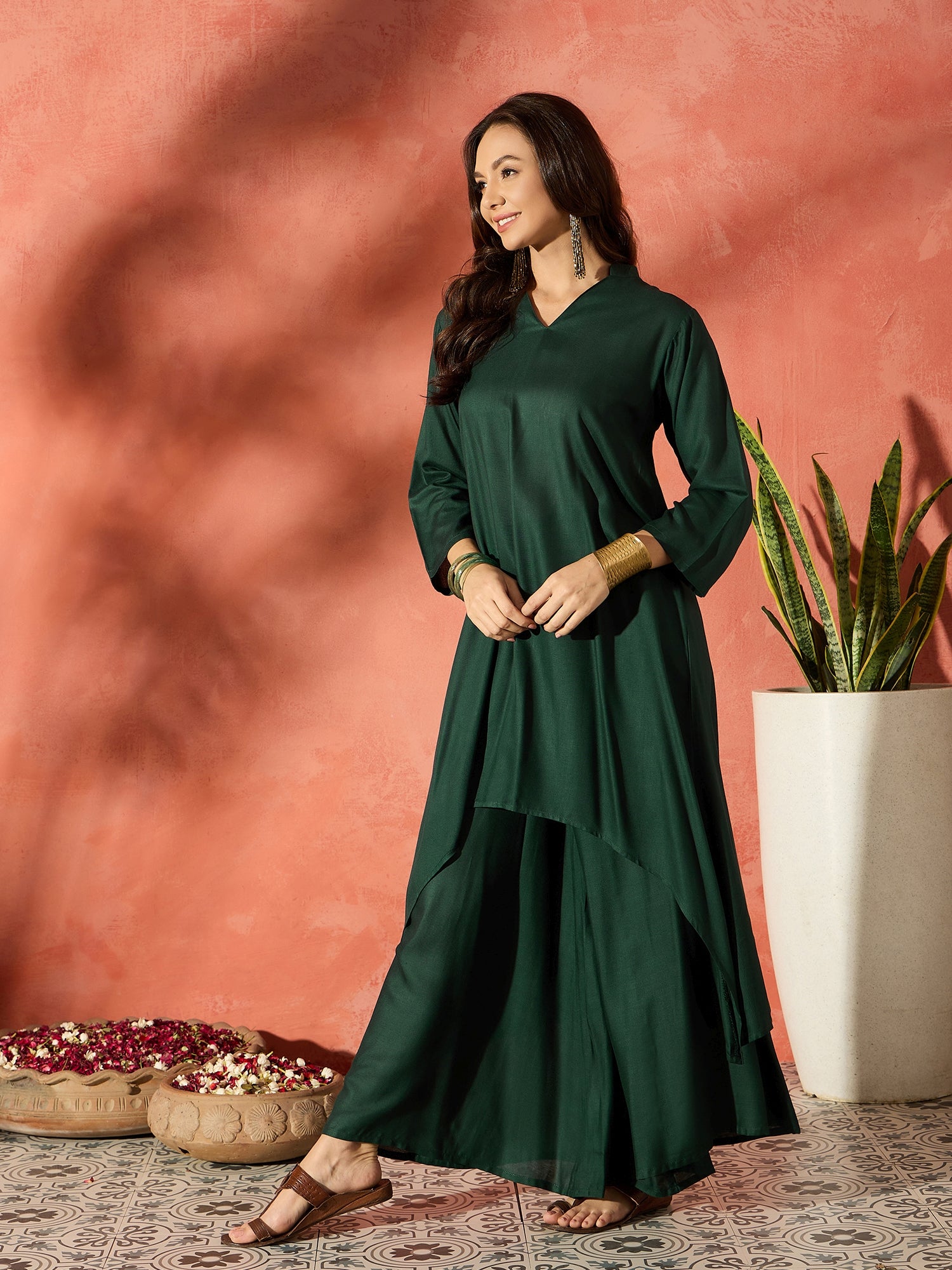 Dark Green Manderian Neck High Low Kurta Set