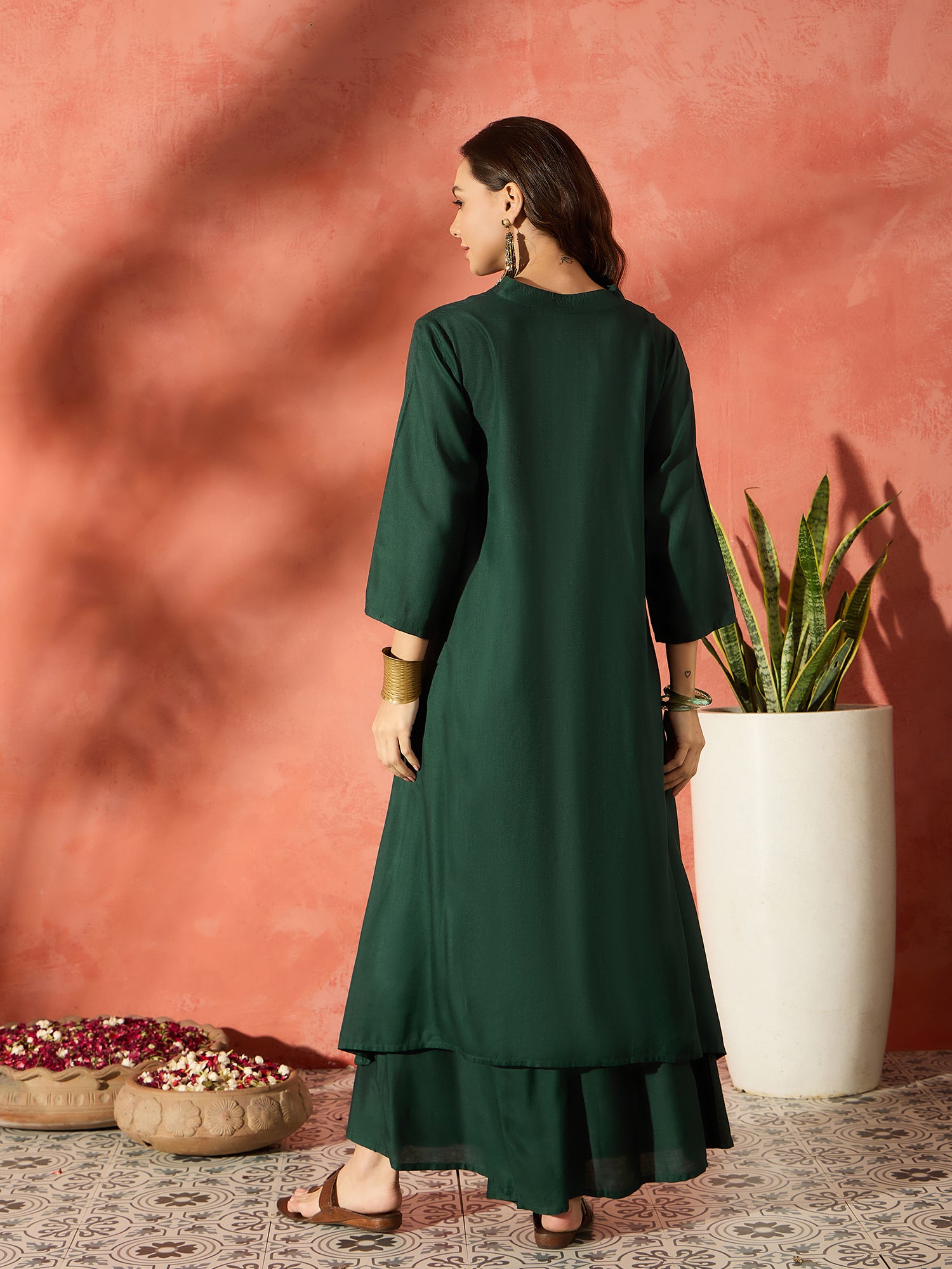 Dark Green Manderian Neck High Low Kurta Set