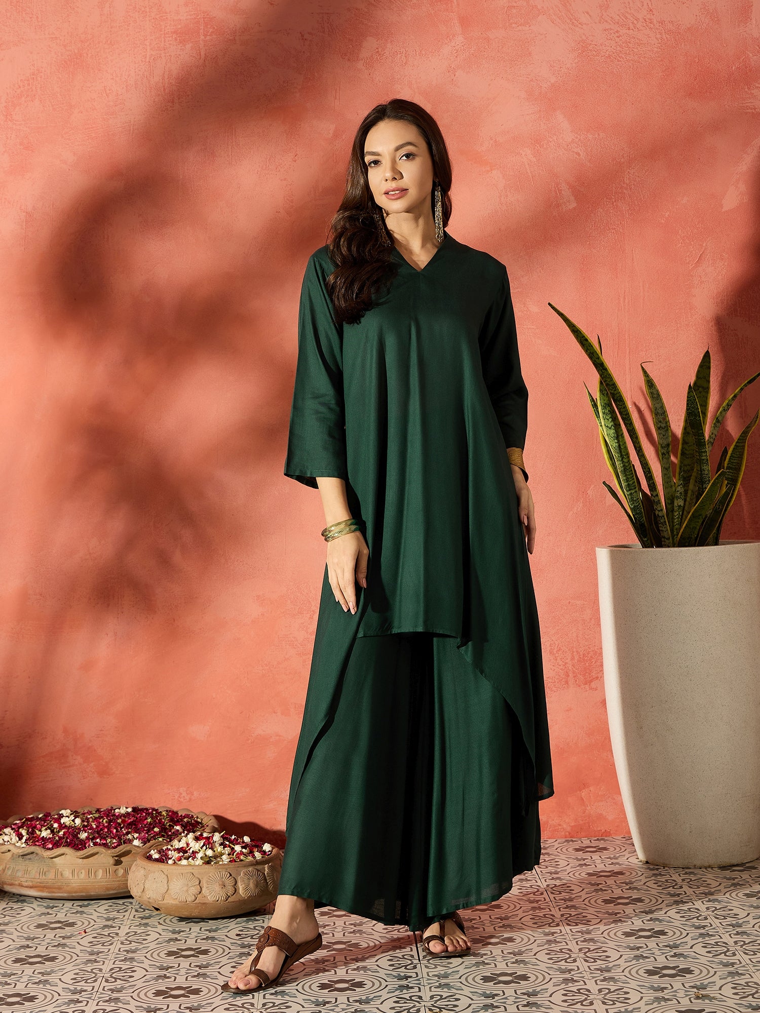 Dark Green Manderian Neck High Low Kurta Set