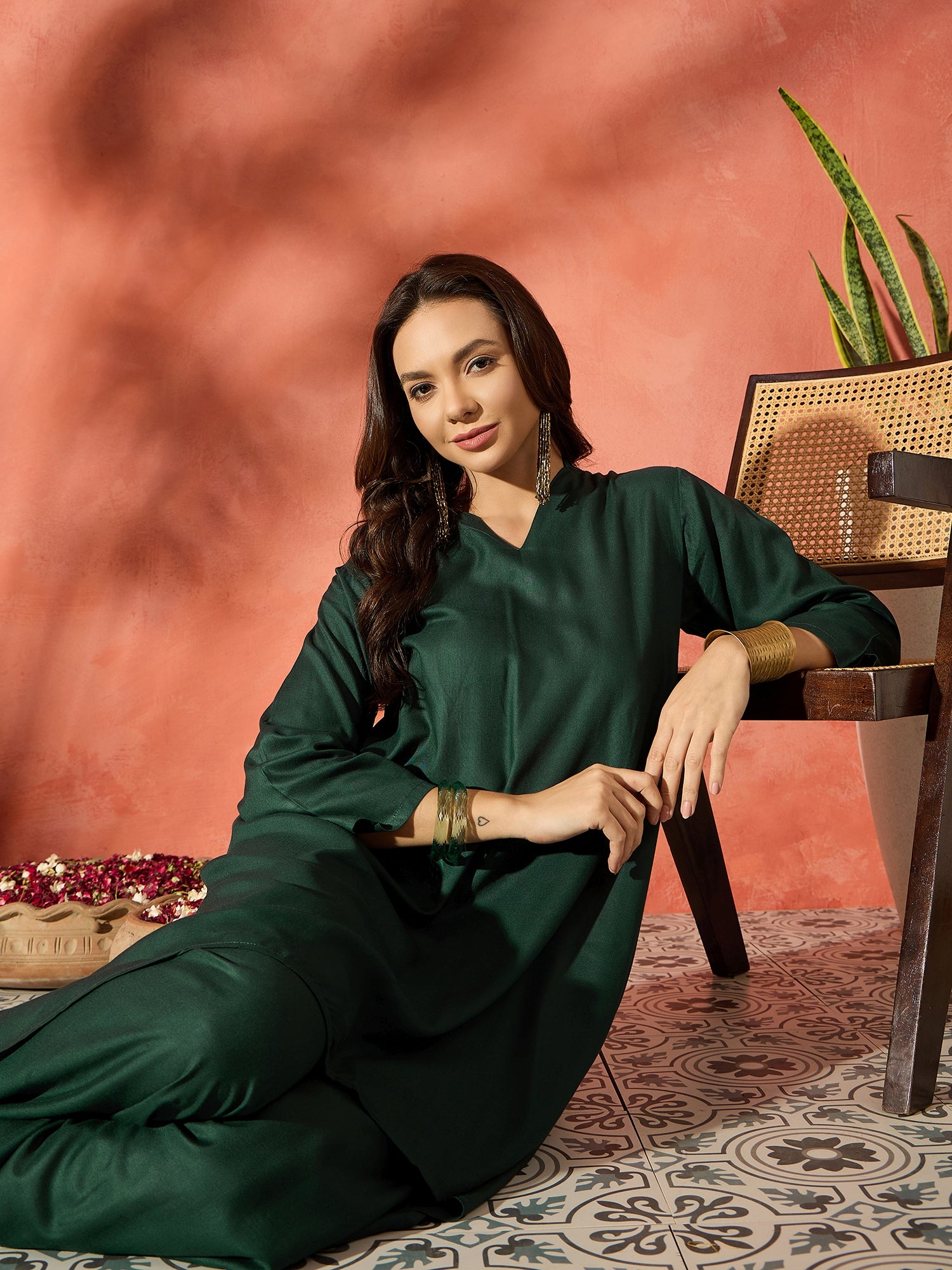 Dark Green Manderian Neck High Low Kurta Set