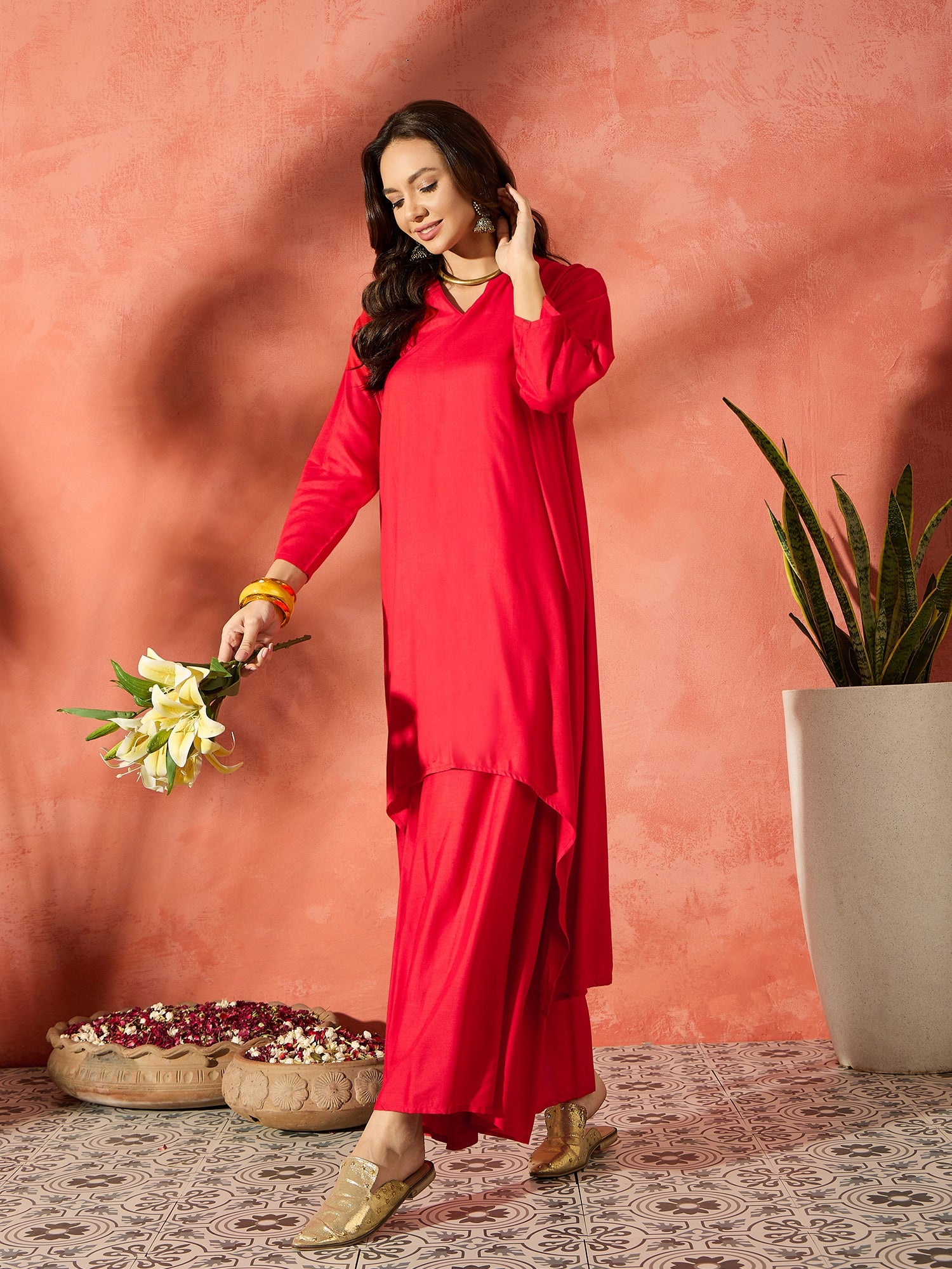 Red Manderian Neck High Low Kurta Set