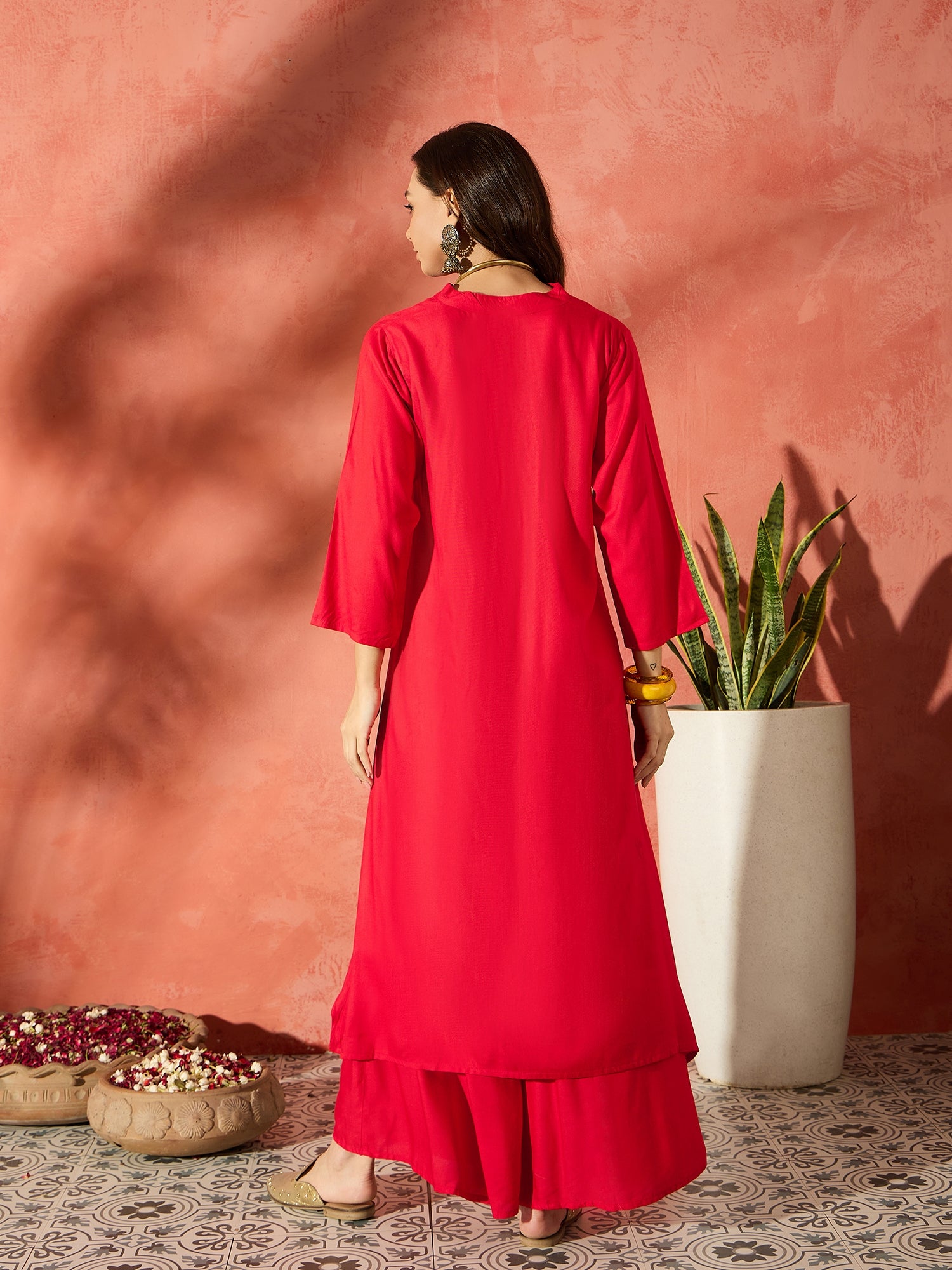 Red Manderian Neck High Low Kurta Set