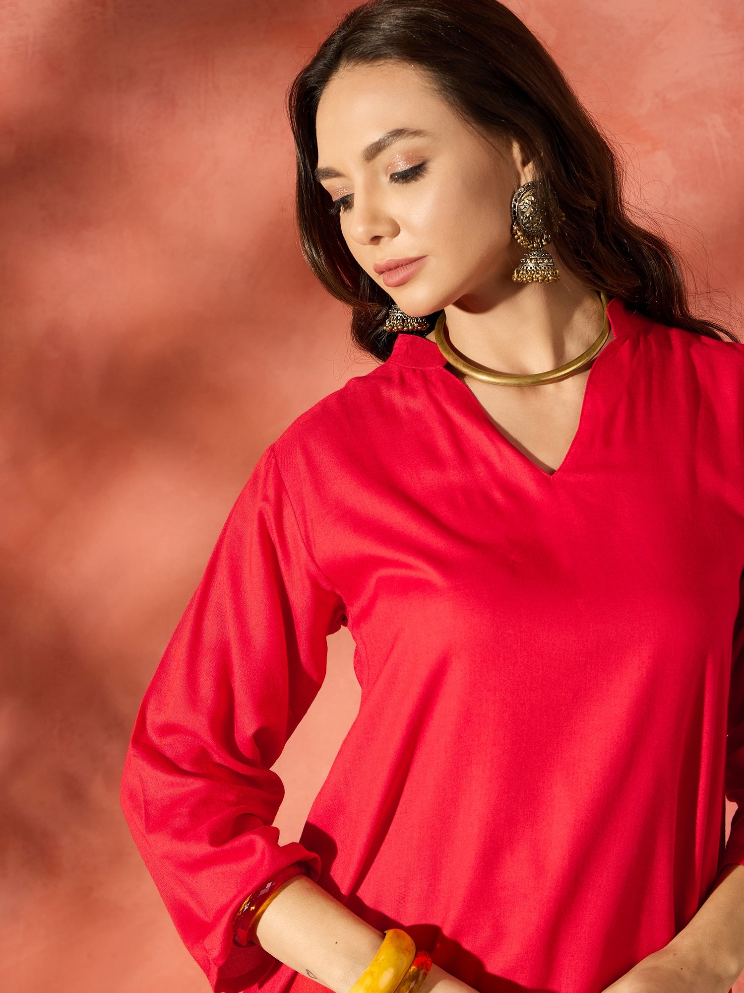 Red Manderian Neck High Low Kurta Set