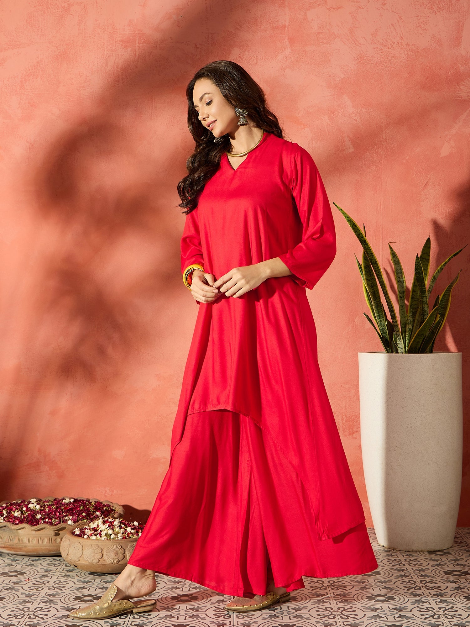 Red Manderian Neck High Low Kurta Set