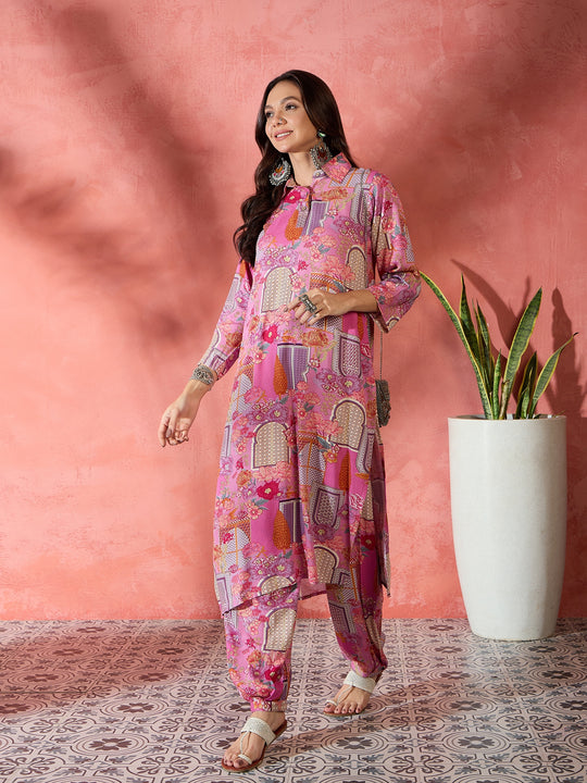Pink Window Print Collar Kurta Salwar Set