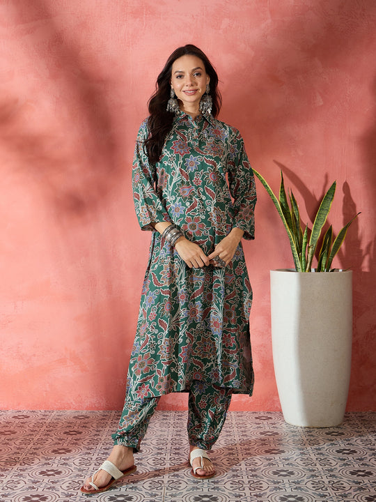 Green Big Jaal Print Collar Kurta Salwar Set
