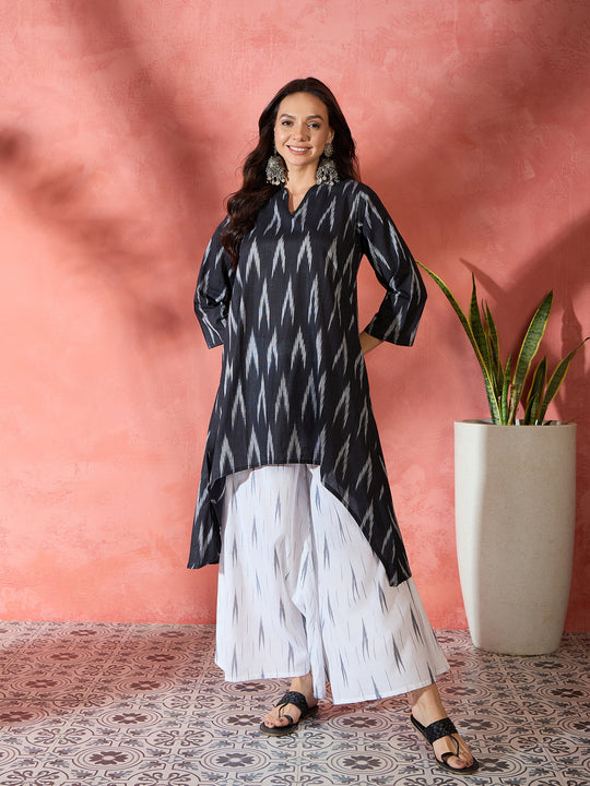 Black White Ikkat Mandarin Neck High Low Kurta Set
