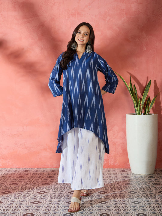 Blue White Ikkat Mandarin Neck High Low Kurta Set
