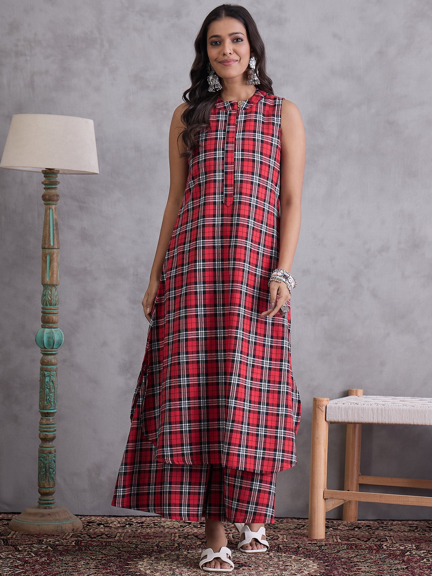 Red Black Check Kurta Set