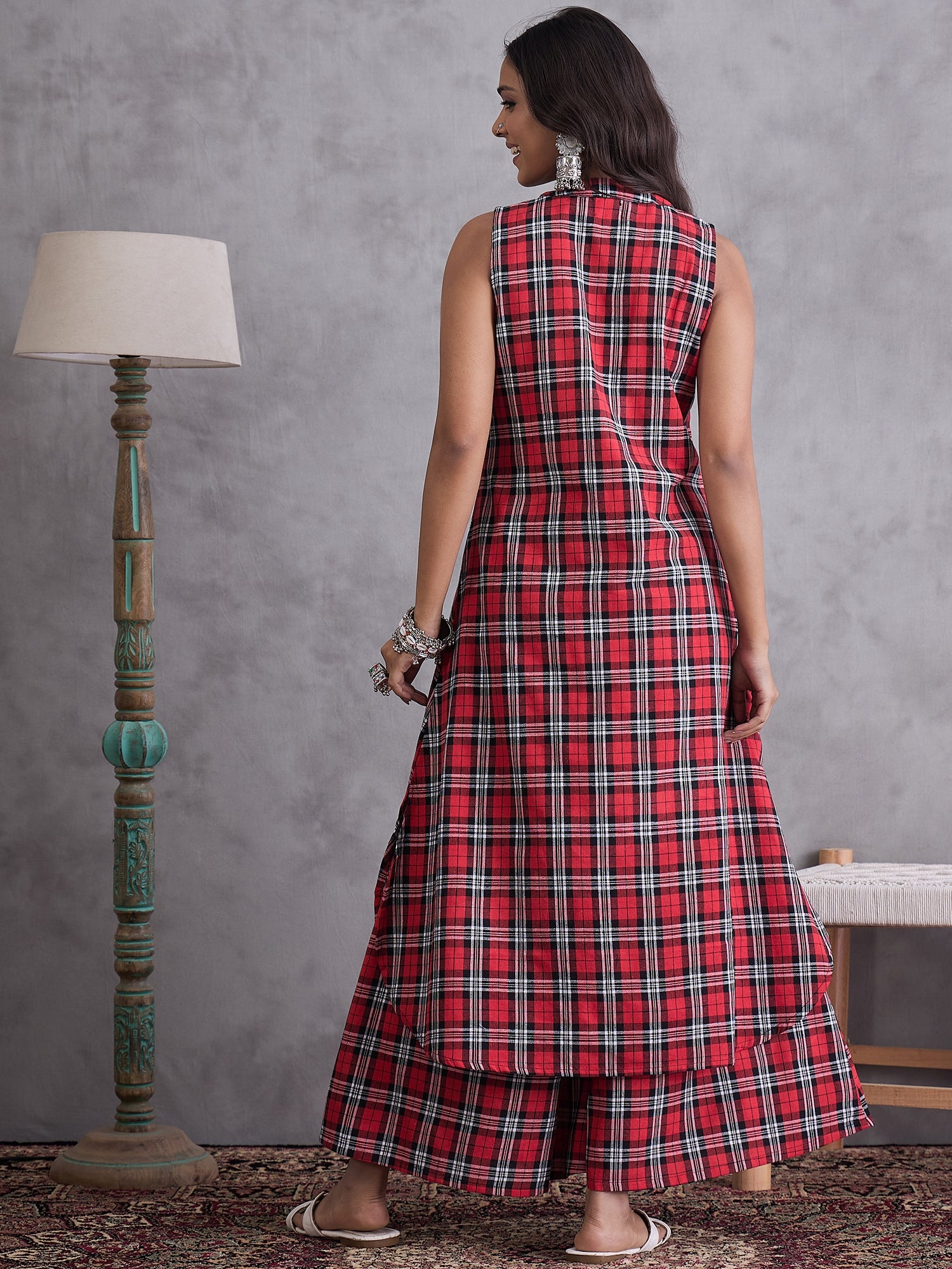 Red Black Check Kurta Set