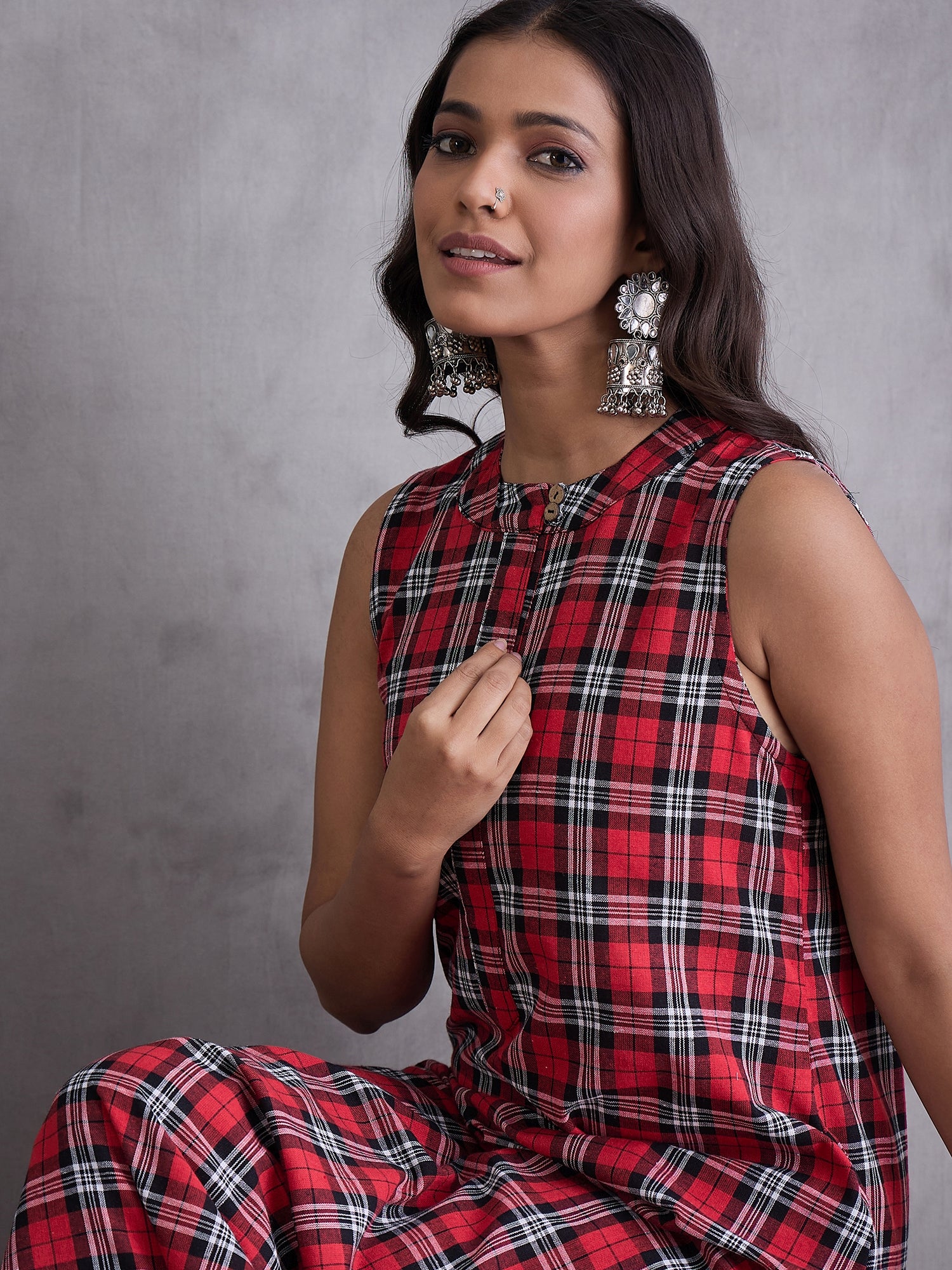 Red Black Check Kurta Set