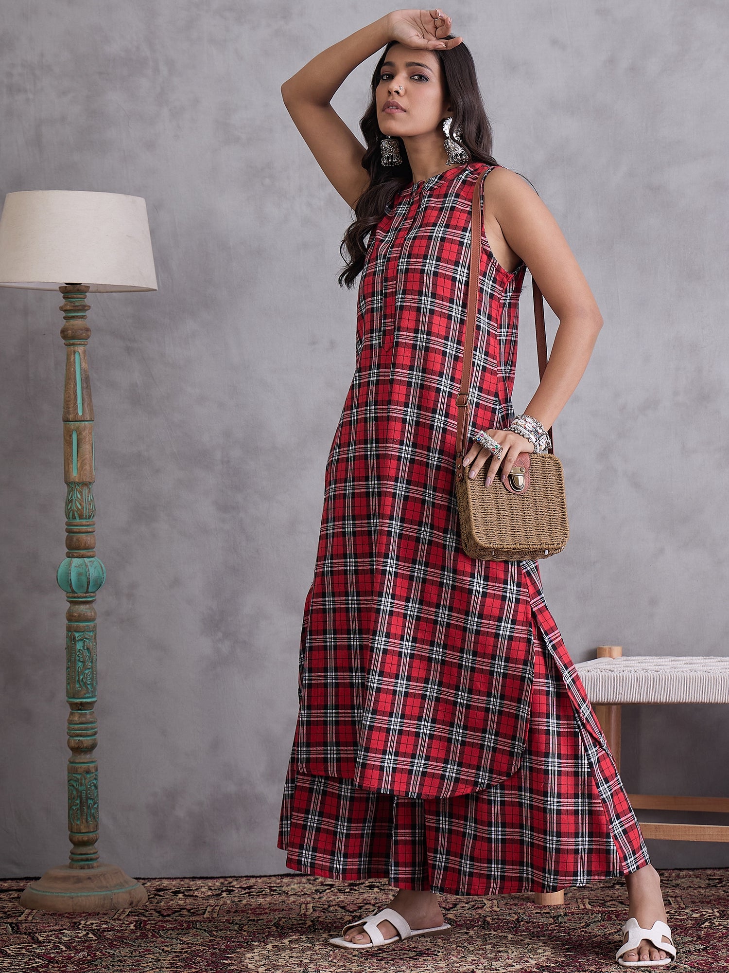 Red Black Check Kurta Set