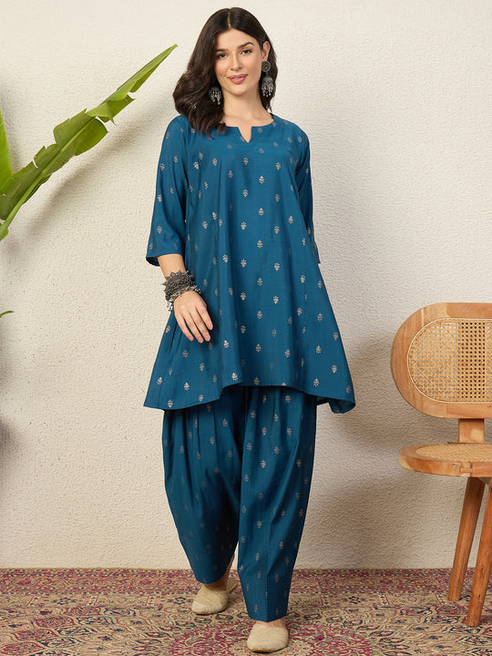 Midnight Blue Foil Pplm Kurti Salwar Set (To be dispatched in 7 -10 days)