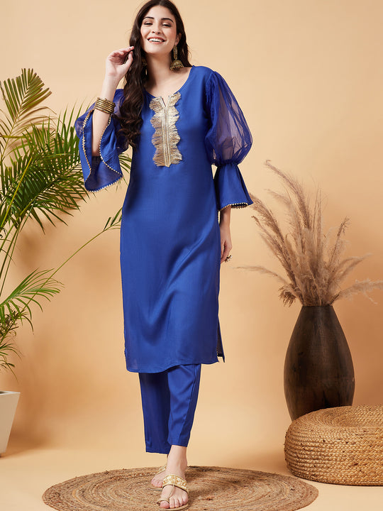 Ink Blue Organza Sleeve Kurta Set