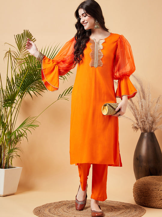 Orange Organza Sleeve Kurta Set