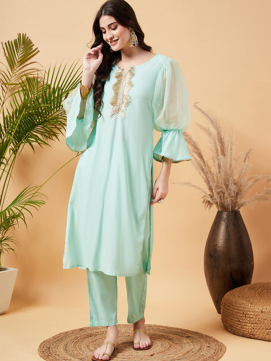 Light Blue Organza Sleeve Kurta Set