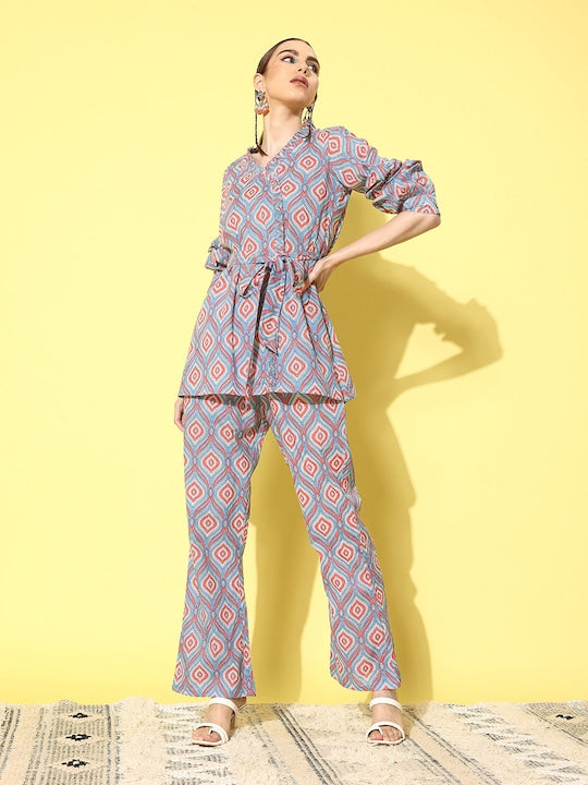 Blue Pink Ogee Print Belted Coord Set