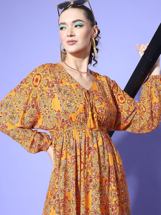 Canary Yellow Floral Print V-neck Dress