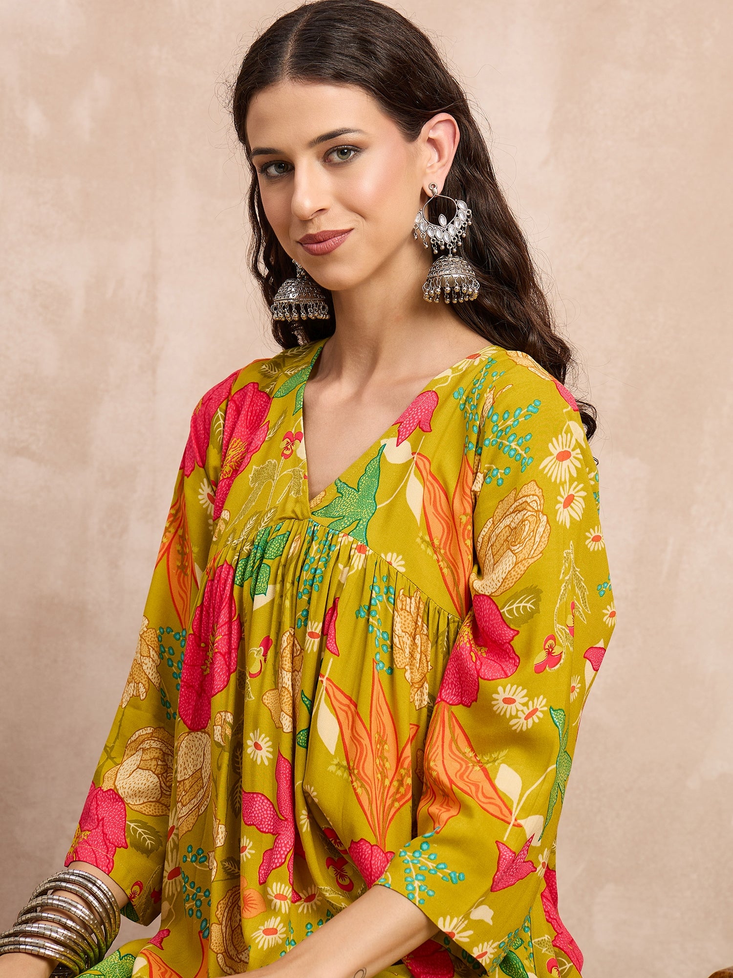 Lemon Yellow Rose Print Flared Kurta Set