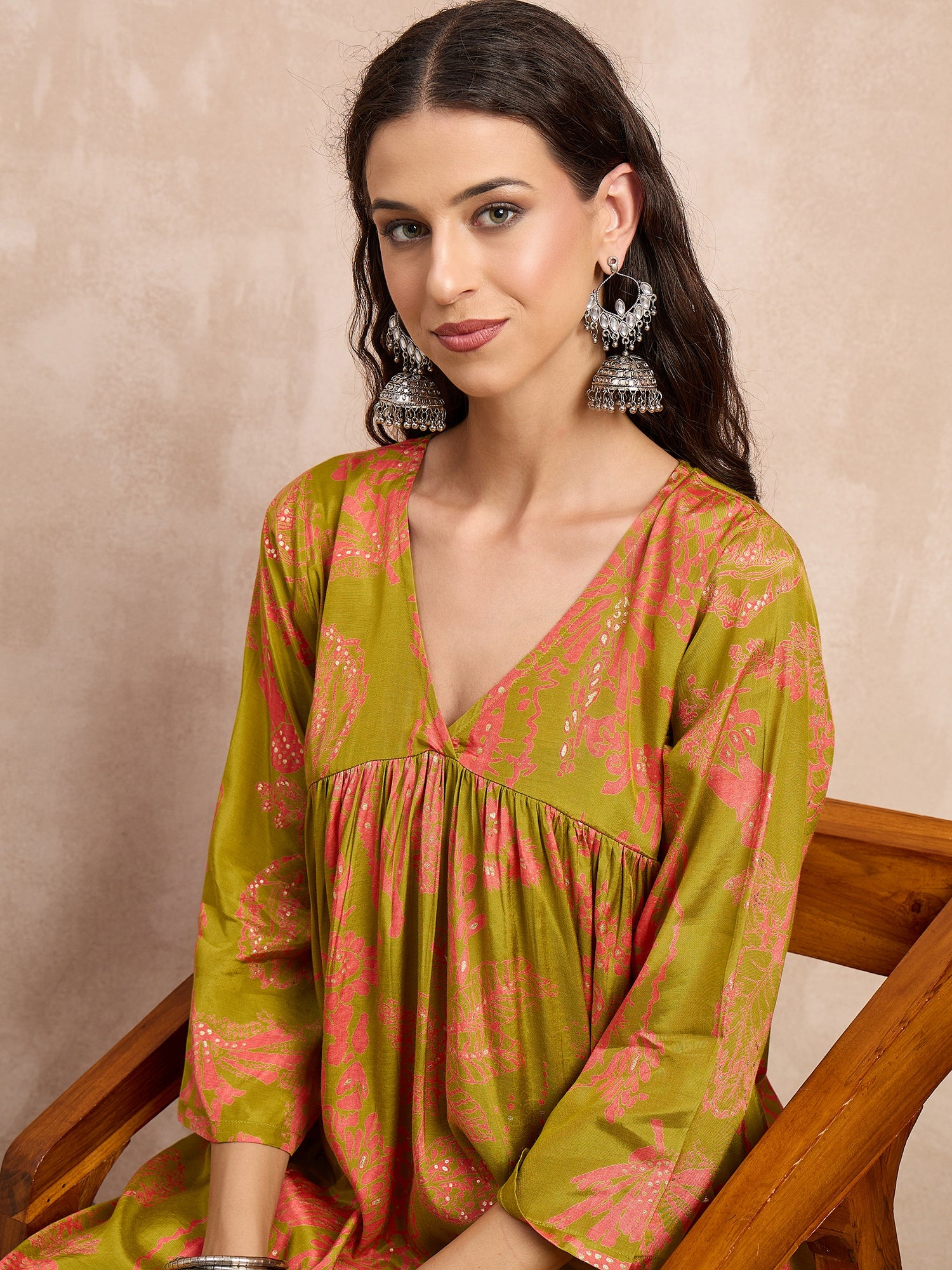 Light Olive Peach Print Flared Kurta Set