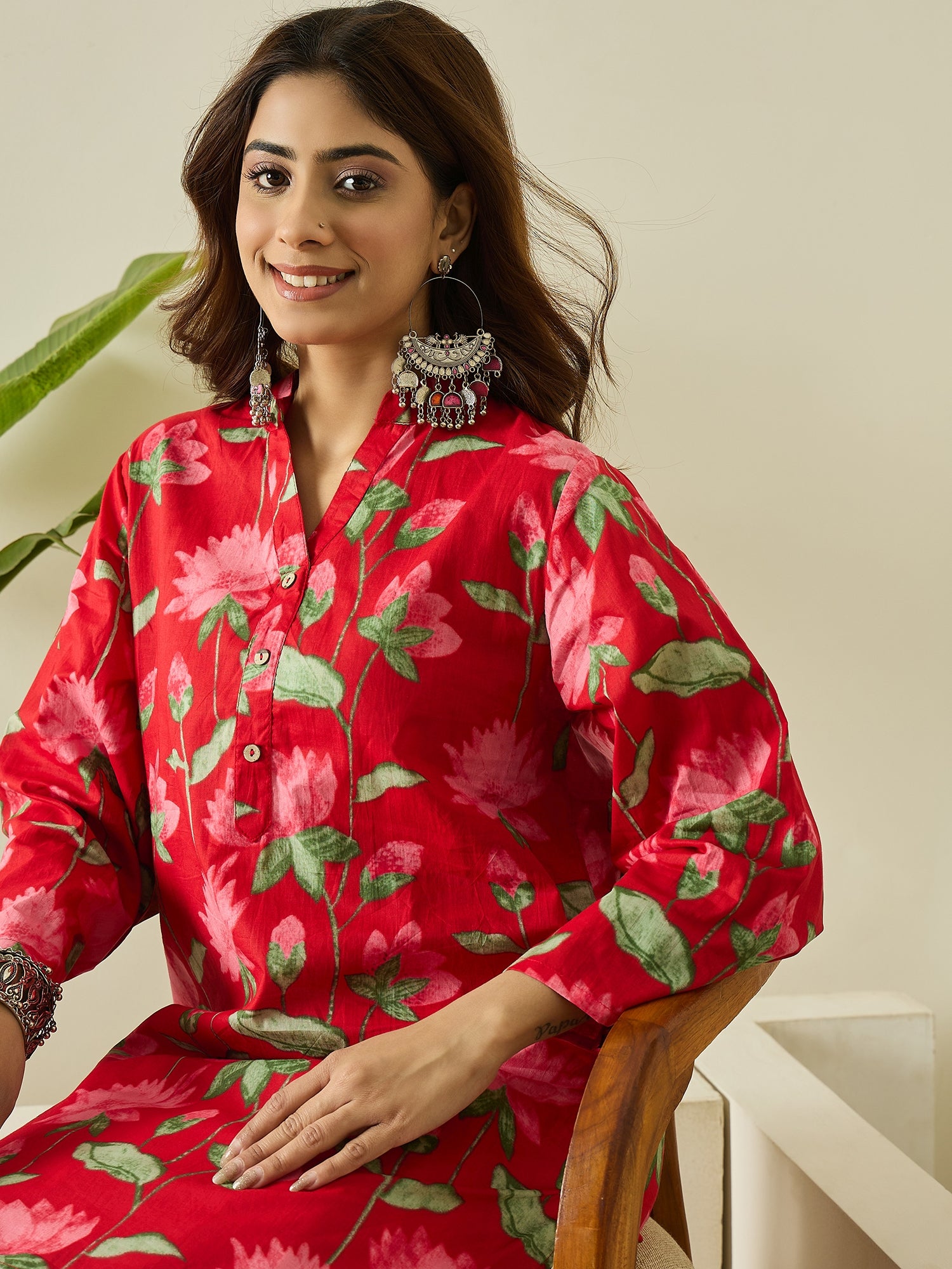 Red Lotus Print Kurta White Salwar Set