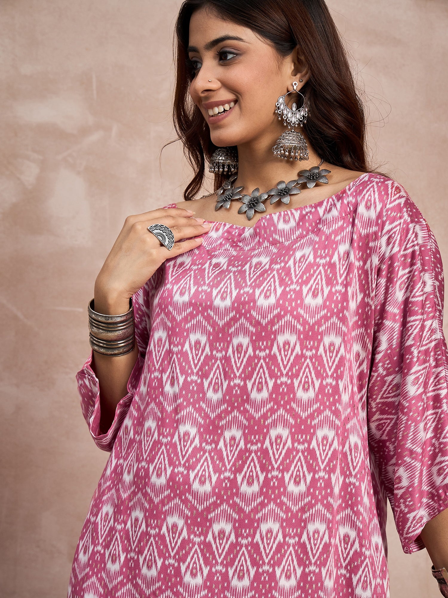 Punch Pink Foil Boat Neck Dhoti Set