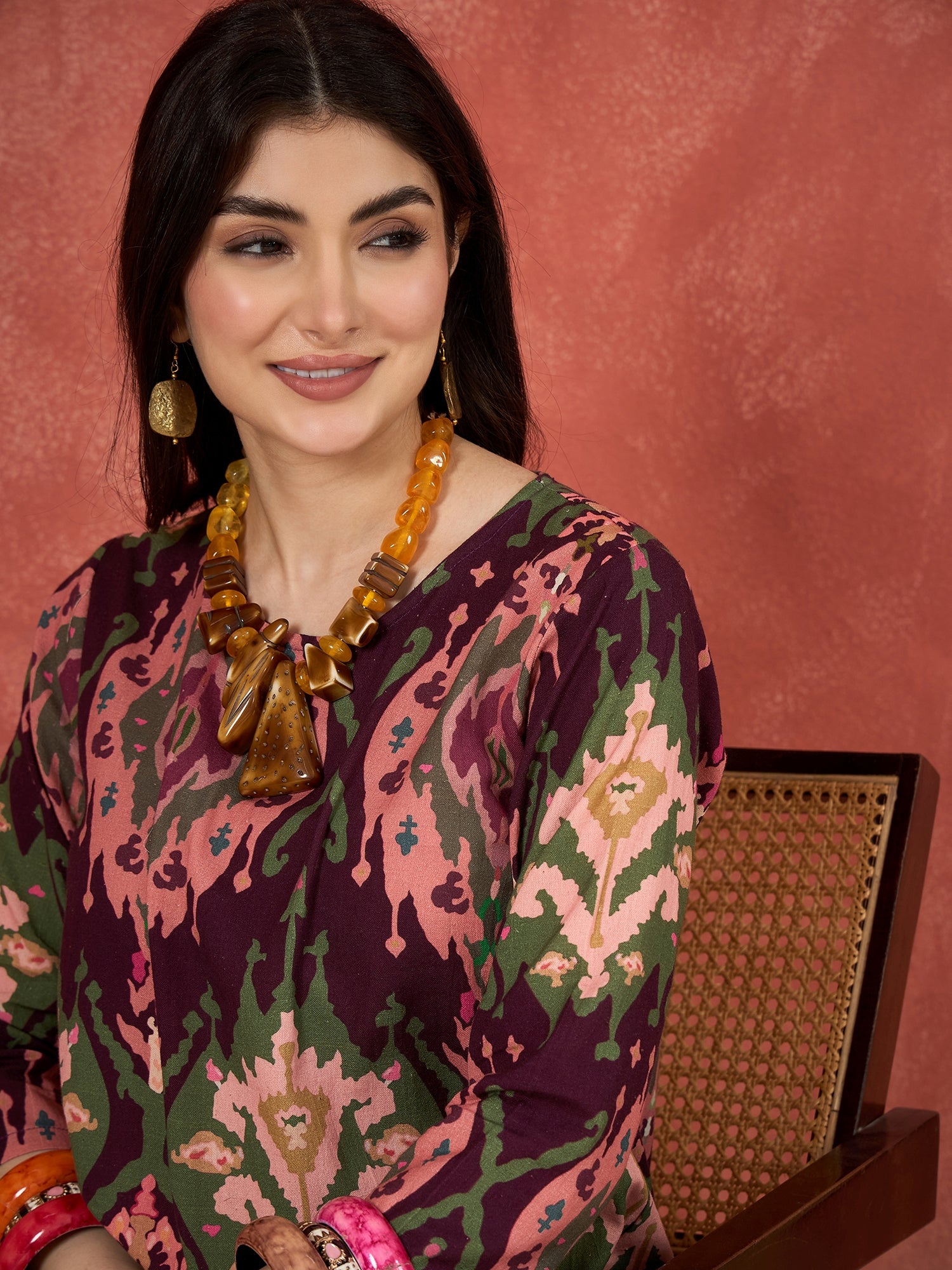 Wine Peach Ikkat Print Round Neck Short Dress