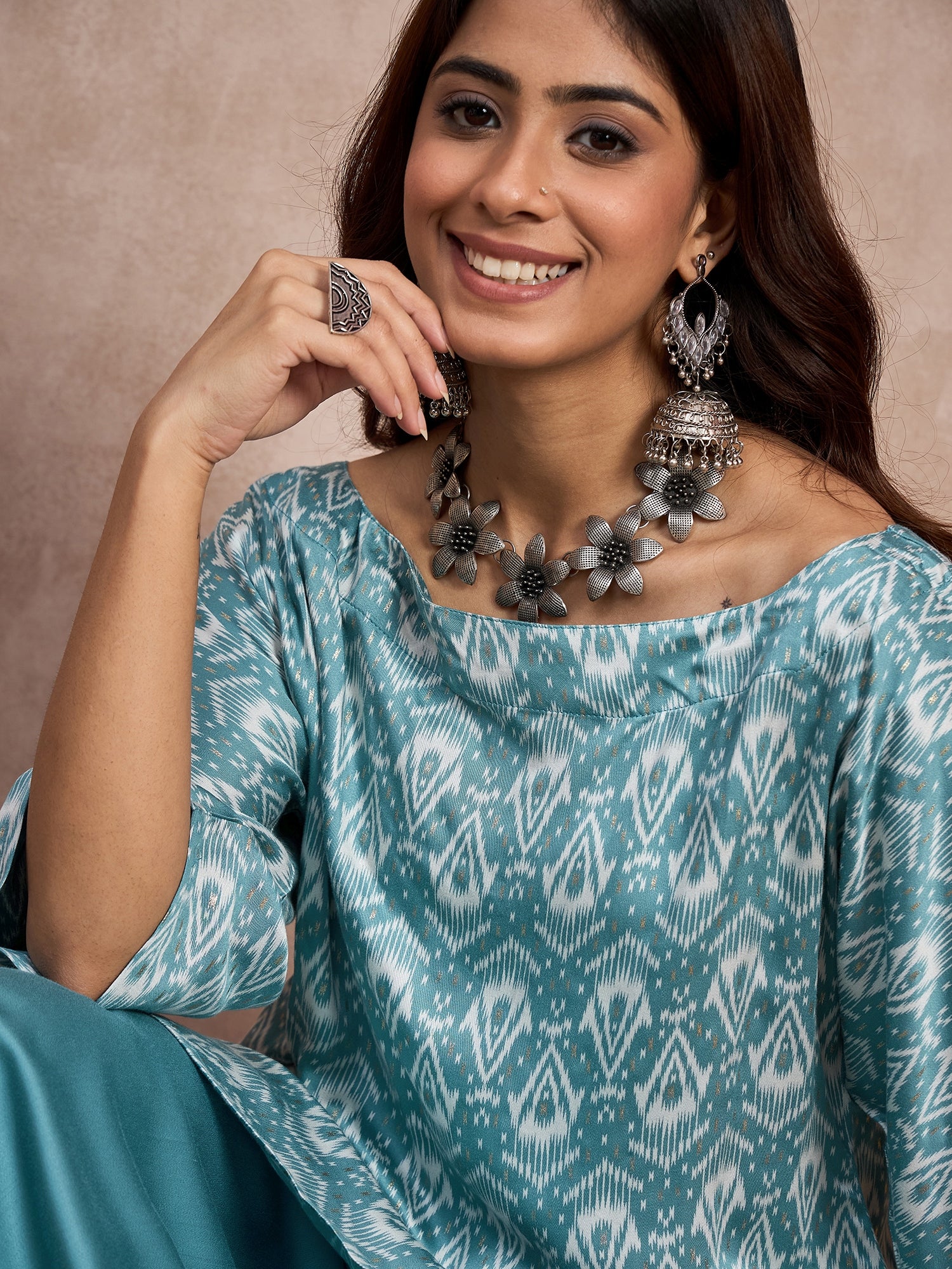 Light Teal Foil Boat Neck Dhoti Set