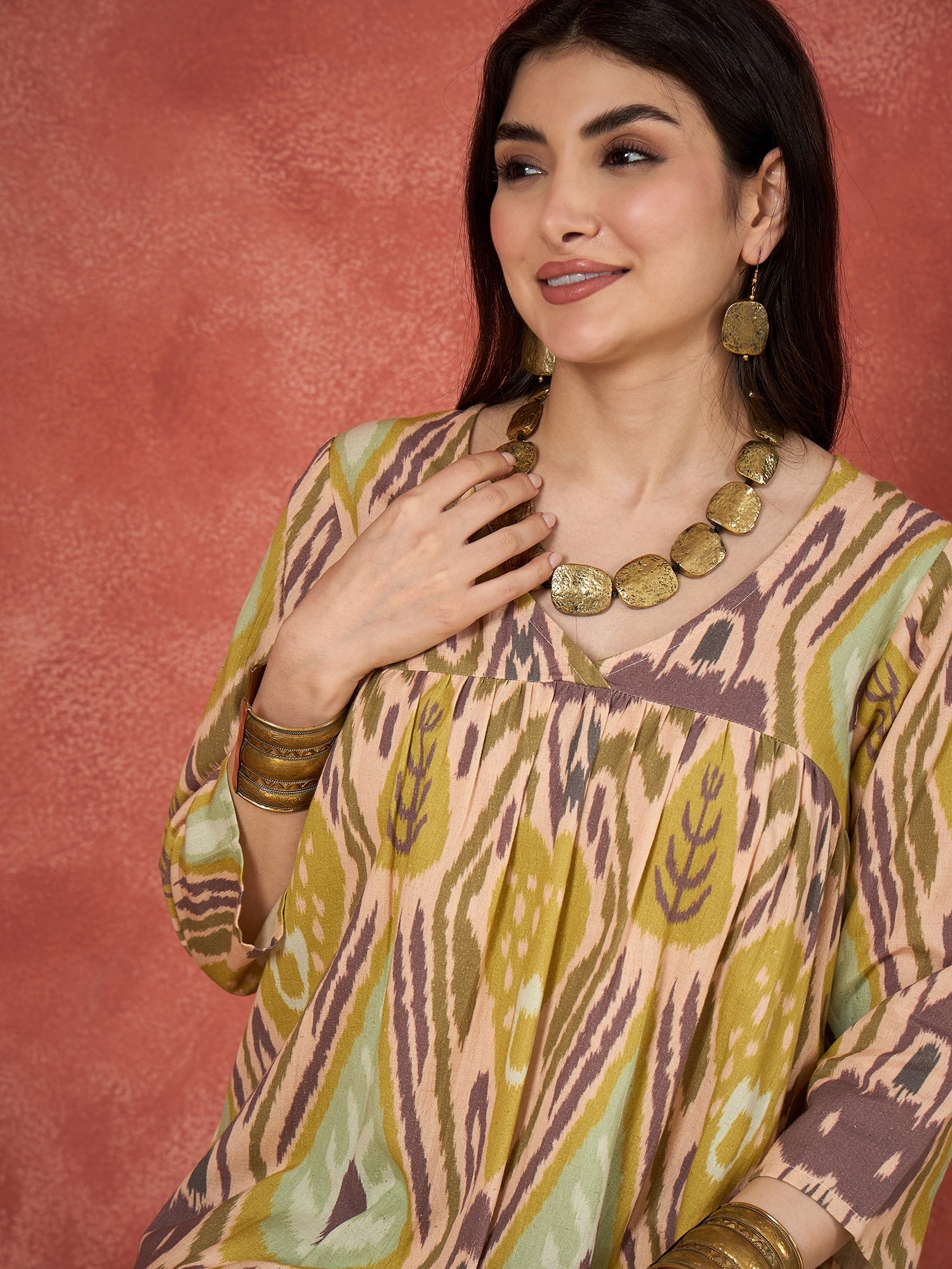 Olive Brown Ikkat Print V Neck Kurta Set