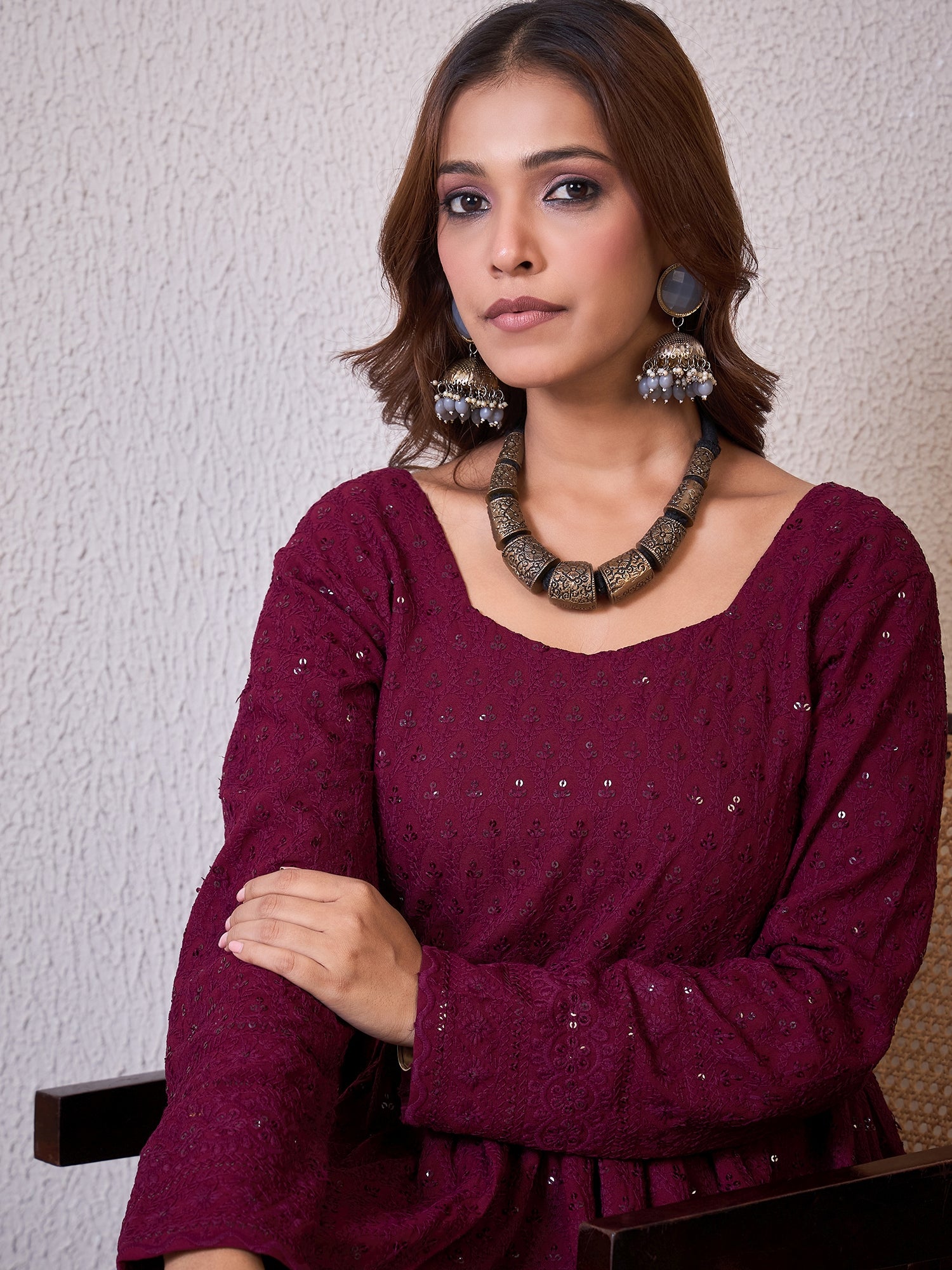 Wine Chikankari Sweetheart Set