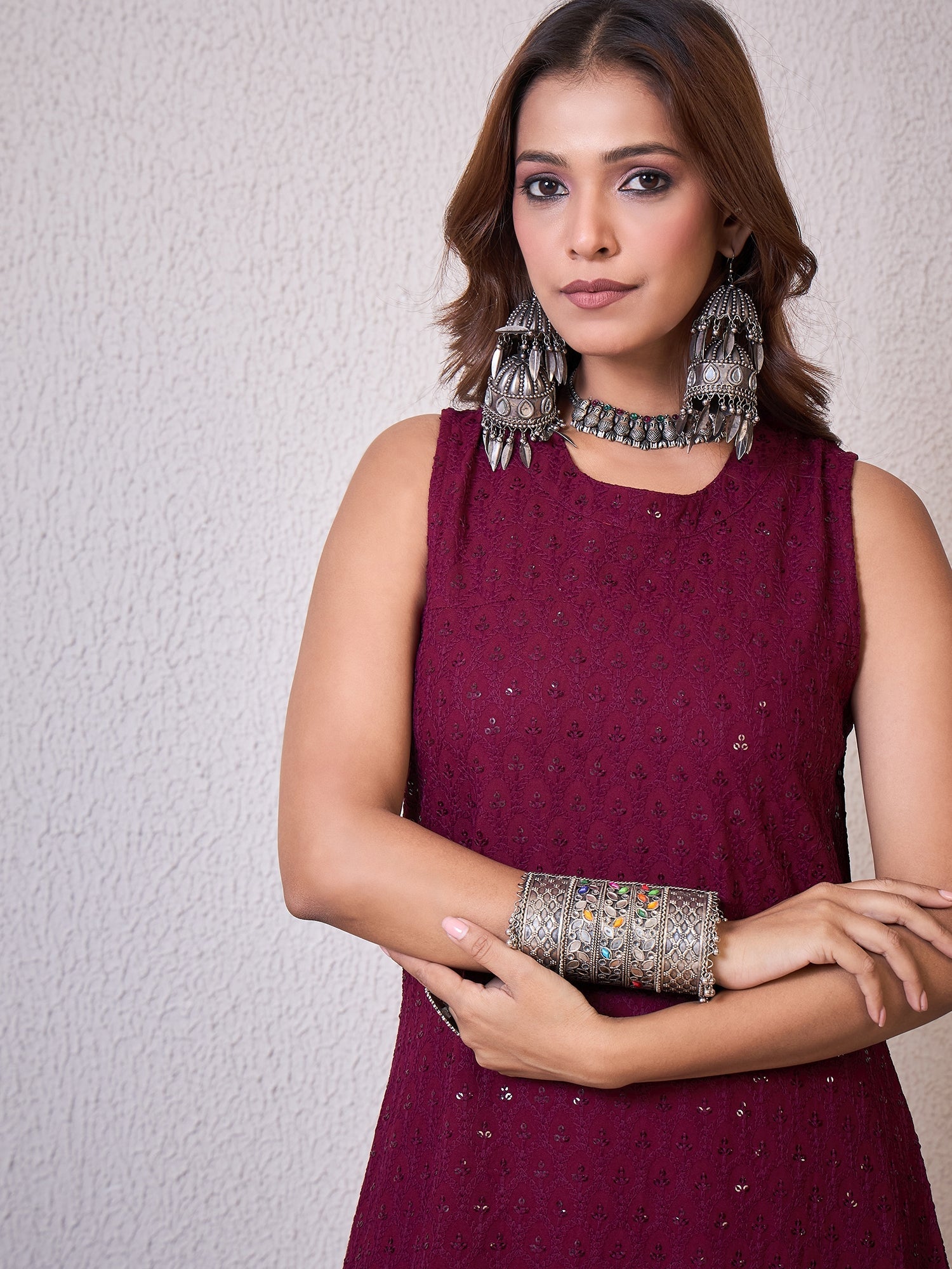 Wine Chikankari Halter Kurta Set