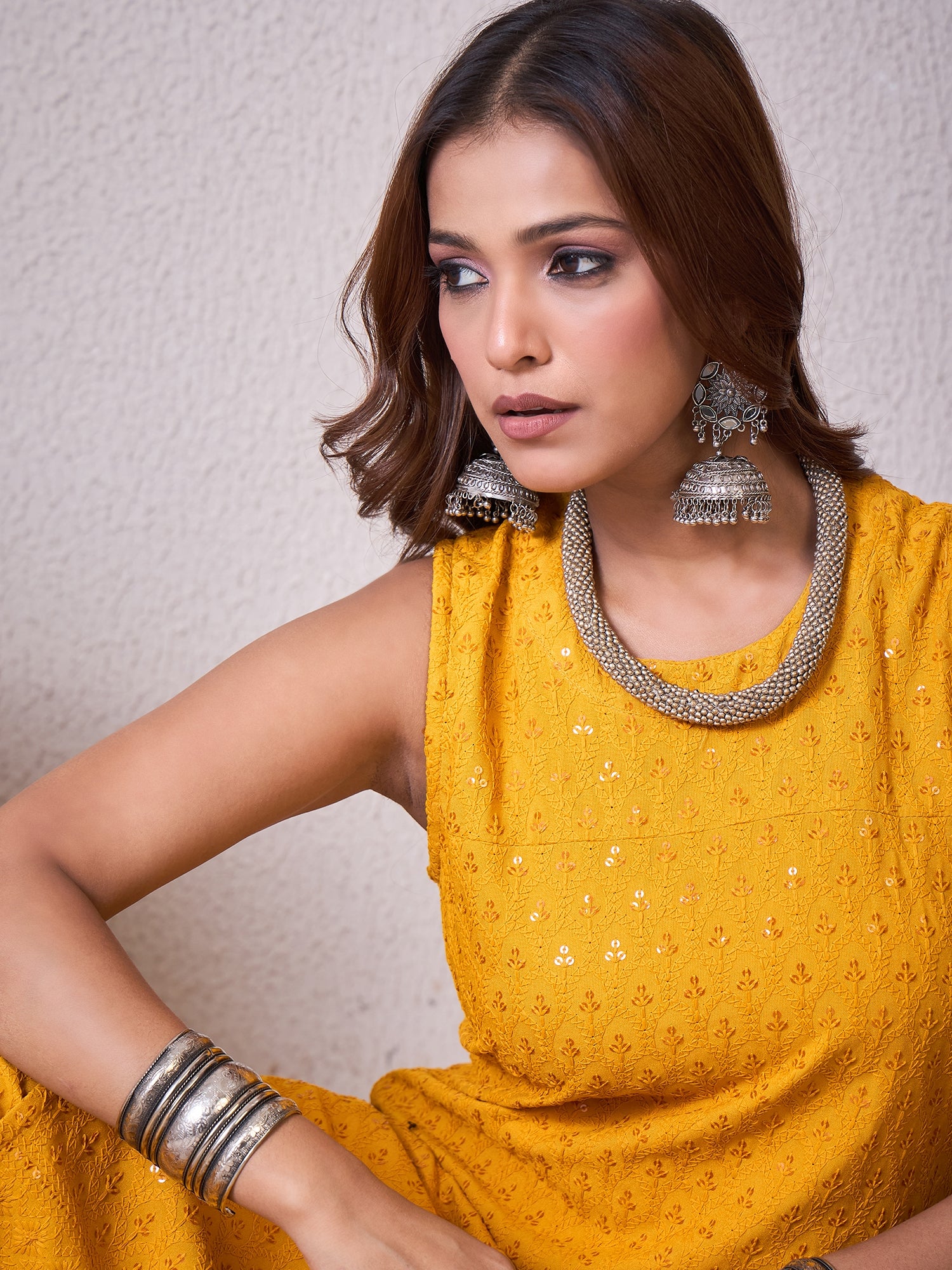 Yellow Chikankari Halter Kurta Set