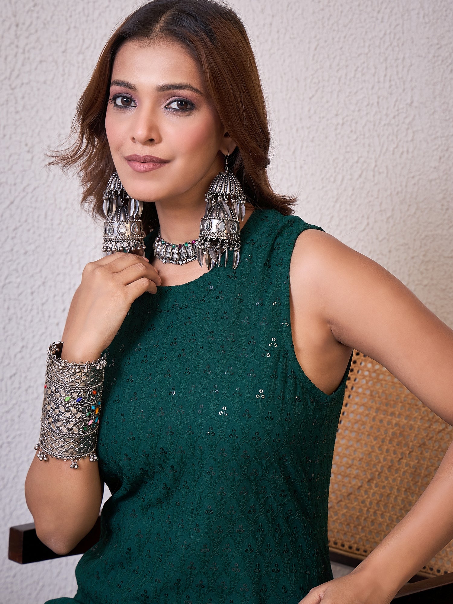 Dark Green Chikankari Halter Kurta Set