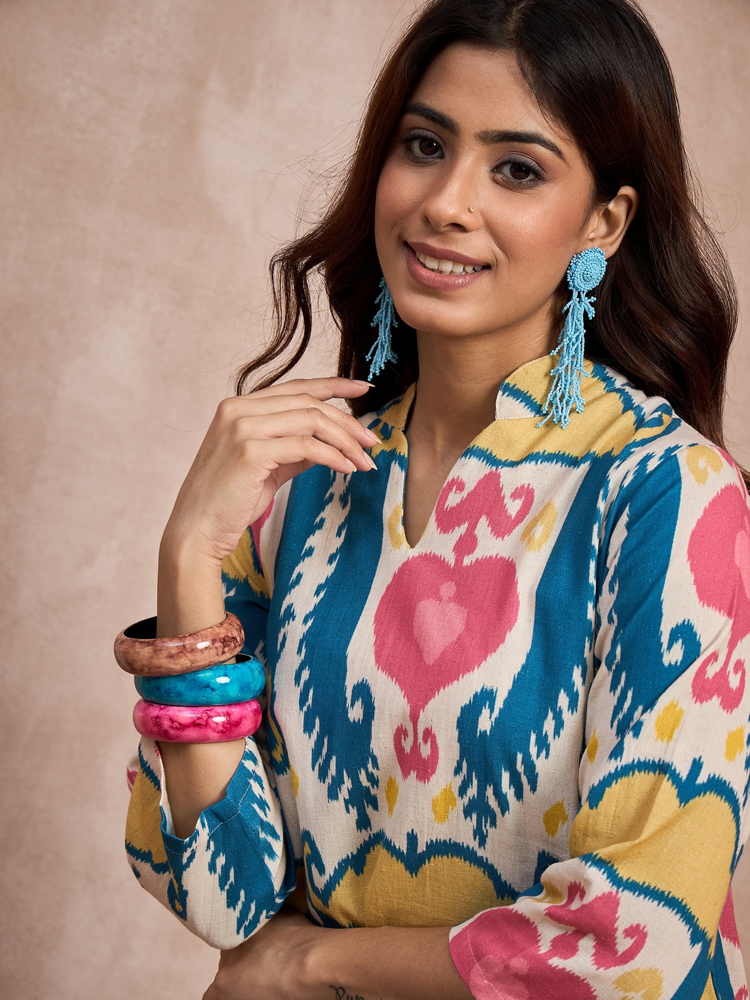 Teal Red Ikkat Print Mandarin Neck Kurta Set