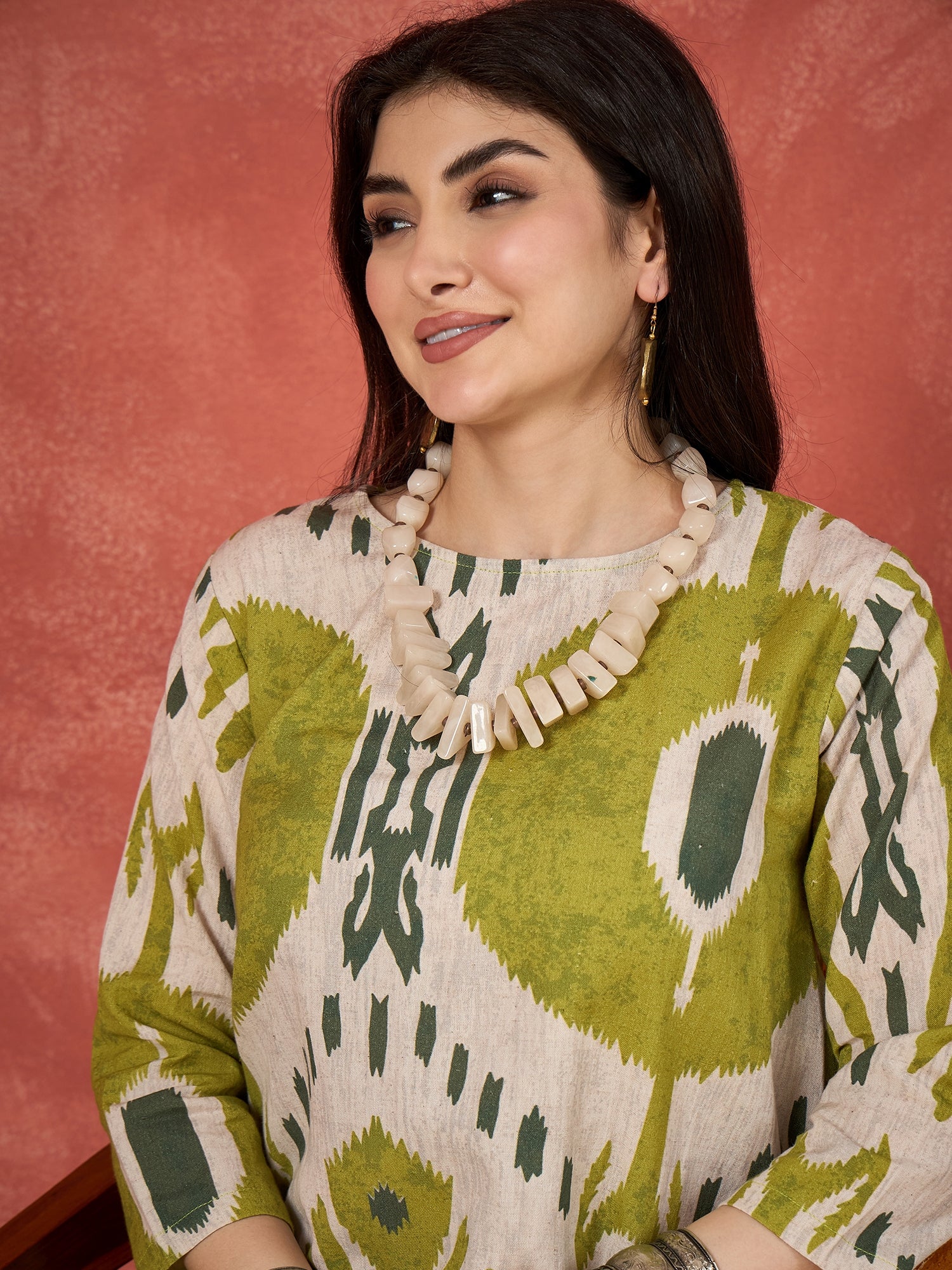 Olive White Ikkat Print Round Neck Short Dress