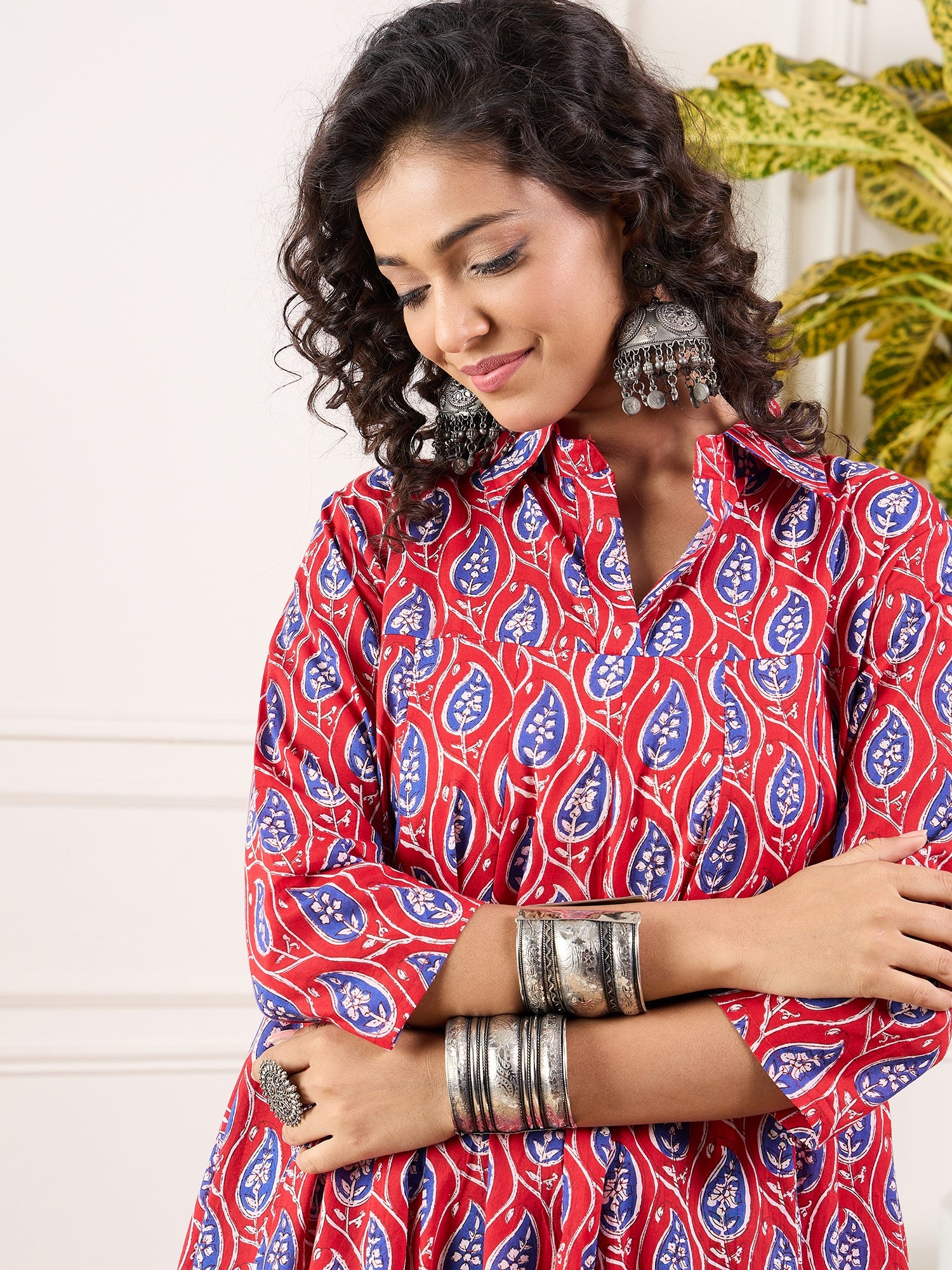 Red Blue Ajrak Leaves Collar Flared Dress Red Blue Ajrak Leaves Collar Flared Dress