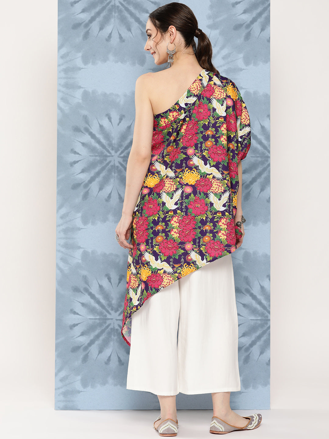 Navy Bird Japanese Art Oneshoulder Top