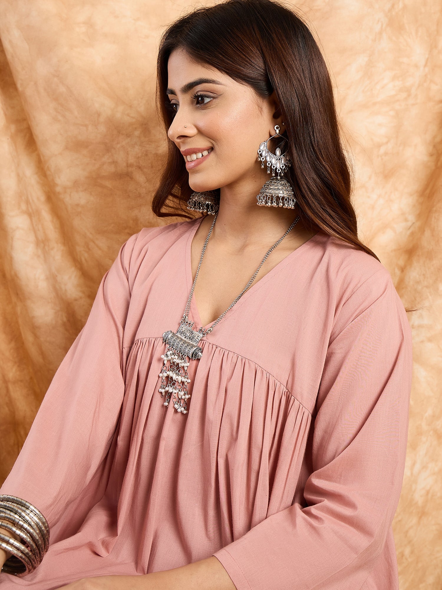 Rusty Pink V Neck Flared Kurta Set